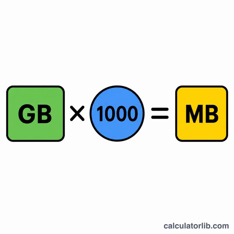Multiplication illustration converting gigabytes to megabytes by multiplying by 1000