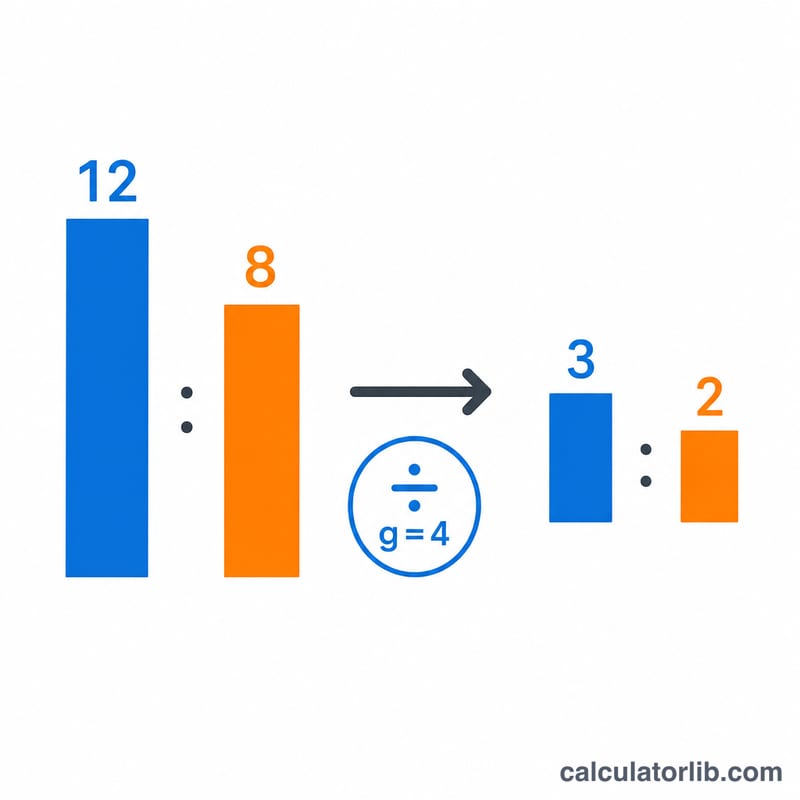 Worked example reducing 12 to 8 ratio into 3 to 2 using GCD of 4