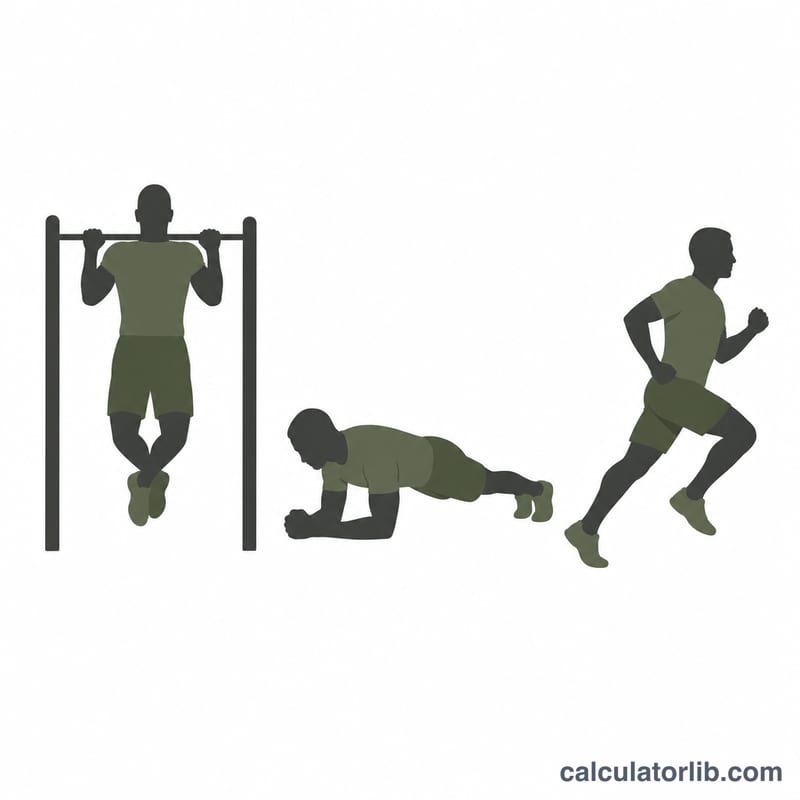 The three USMC PFT events: pull-ups, plank, and run
