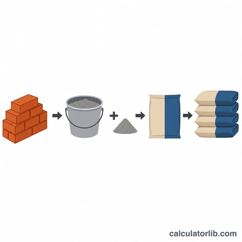 Diagram showing blocks times mortar per block plus waste divided by bag yield equals bags