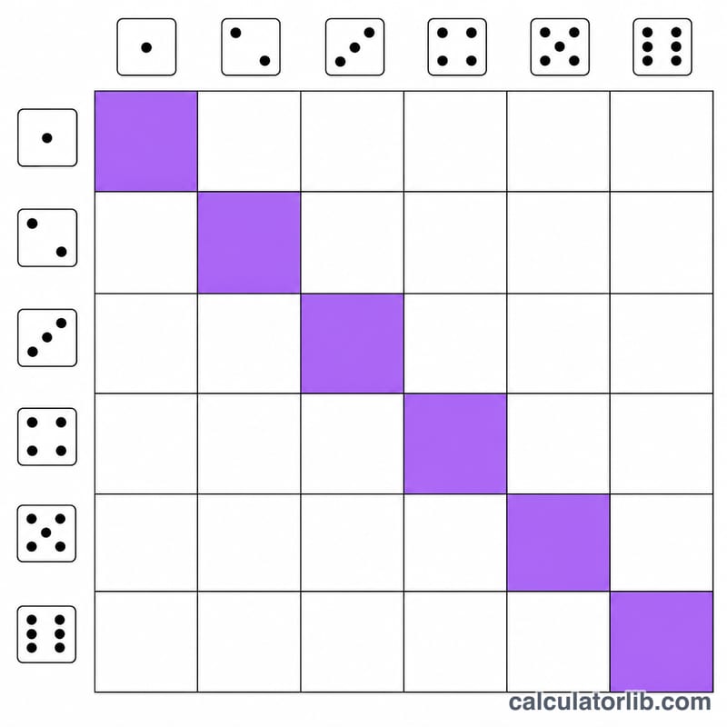 2つのサイコロの全36通りの結果のグリッドで、合計が7になる対角線を強調表示