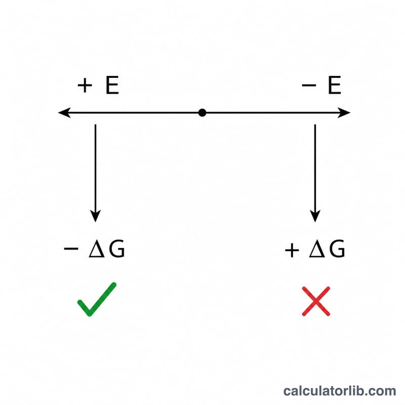 Diagram showing positive cell potential gives negative Gibbs energy and spontaneity