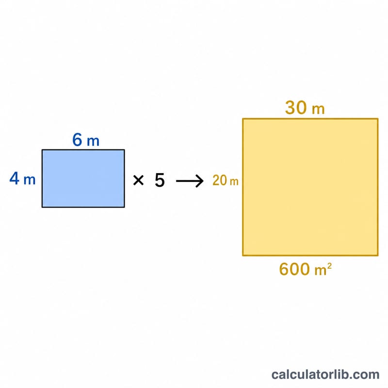 Worked example showing a rectangle dimensions multiplied to area then converted