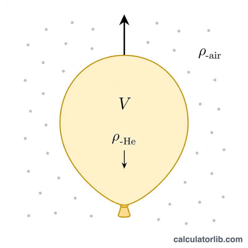 Single balloon showing buoyancy as displaced air density minus helium density times volume