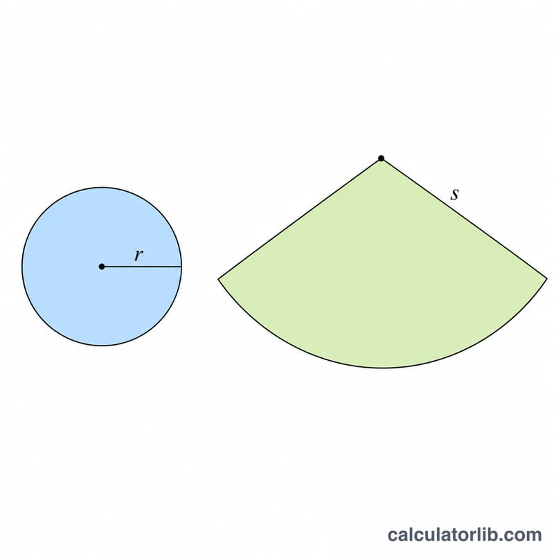 Unfolded cone surface showing circular base of radius r and a sector of radius s for the lateral area