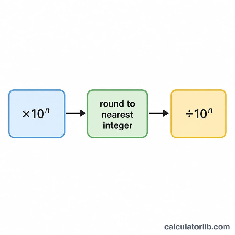 Three-step pipeline: multiply by ten to the n, round, divide by ten to the n