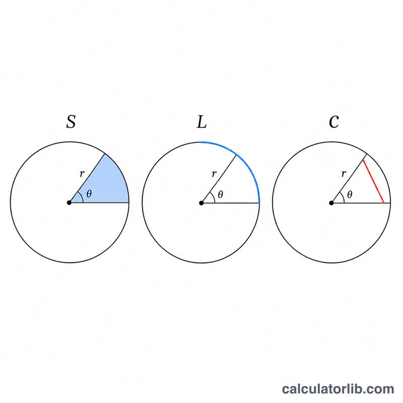 Three small diagrams for sector area, arc length and chord formulas