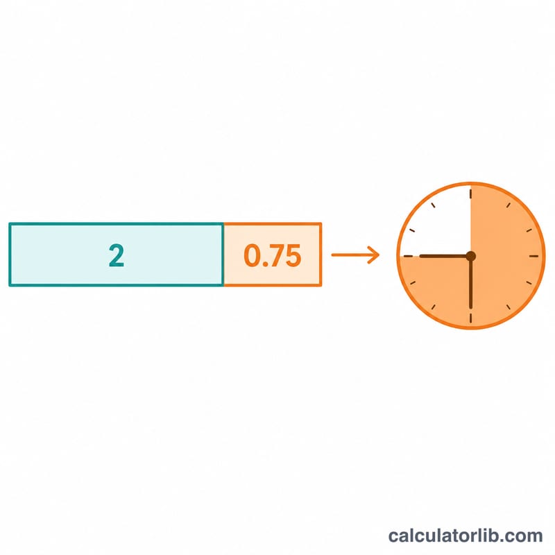 Worked example showing 2.75 hours becoming 2 hours and 45 minutes on a clock