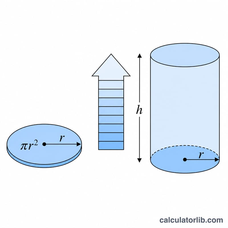 Circular base area multiplied by height to form cylinder volume