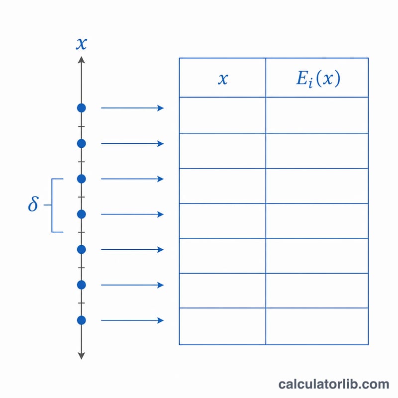 Table of evenly spaced x values mapped to Ei(x) values with arrows