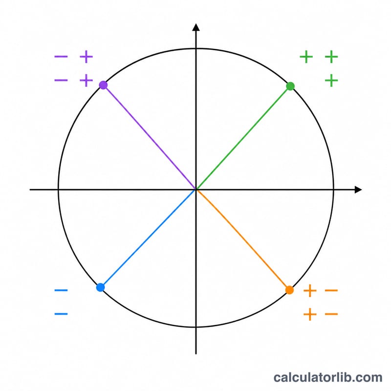 Unit circle showing the sign of x and y coordinates in each of the four quadrants