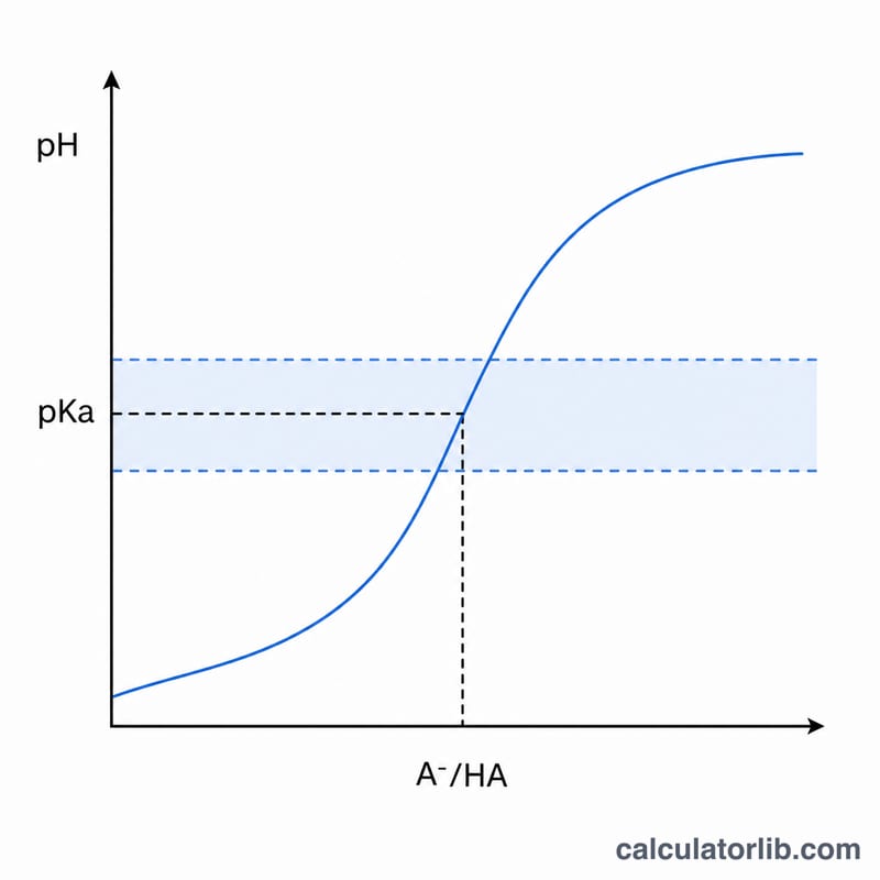 Titration-style S curve of pH versus log ratio of base to acid showing buffer region