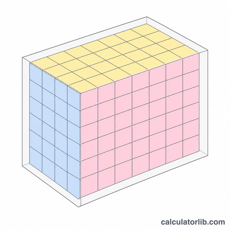 Box split into a grid of unit cubes showing volume as filled cubes