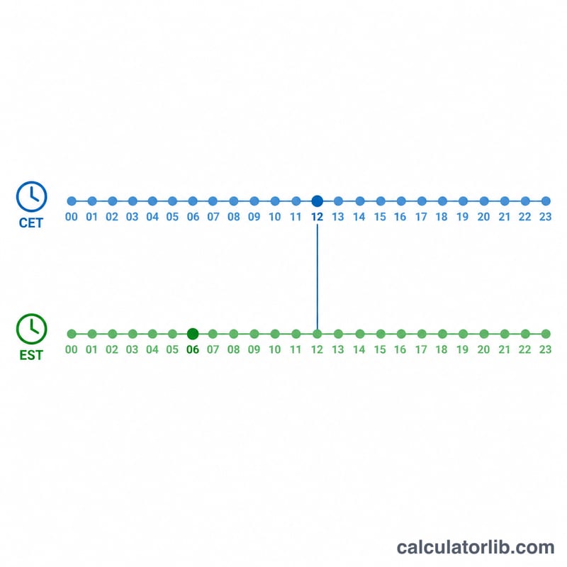 Two parallel 24-hour timelines for CET and EST offset by six hours