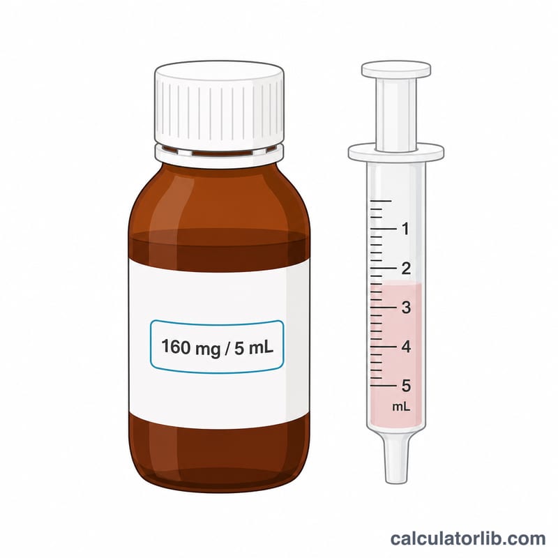 Oral dosing syringe and a bottle of infant acetaminophen suspension showing 160 mg per 5 mL concentration