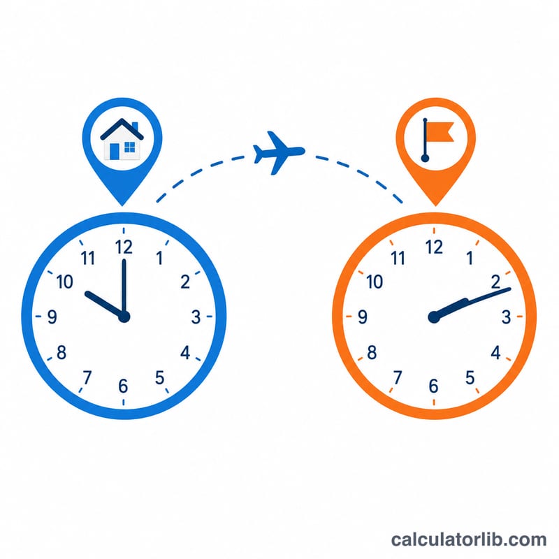 Two clock faces side by side showing origin local time and destination local time after a flight