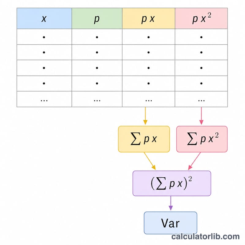 Table mapping outcomes and probabilities to weighted squared values feeding the variance formula