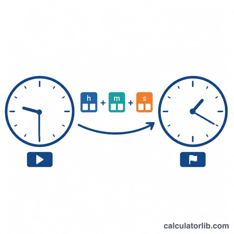 Deux cadrans d'horloge reliés par une flèche montrant une heure de départ plus des heures, minutes et secondes ajoutées égale une heure ultérieure