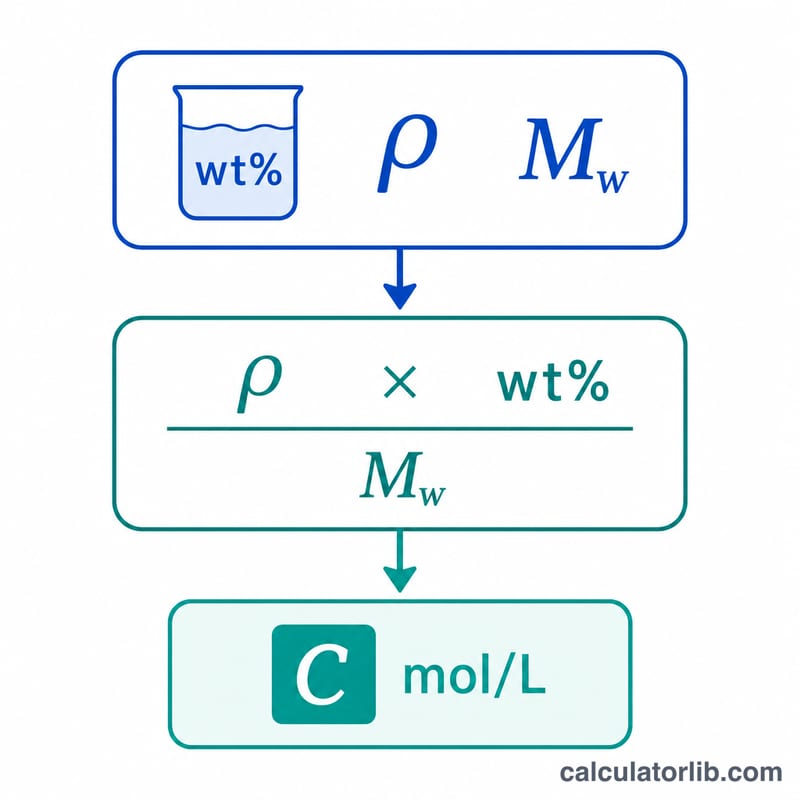 Step-by-step flow of the weight percent to molarity calculation