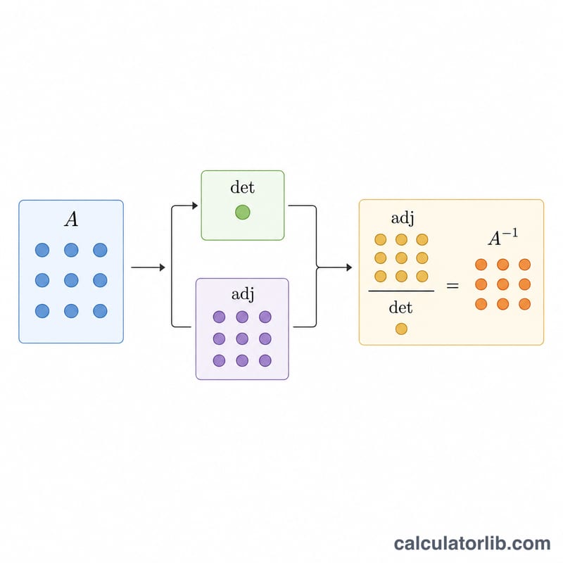 Flowchart of inverse formula: determinant, adjugate, then divide