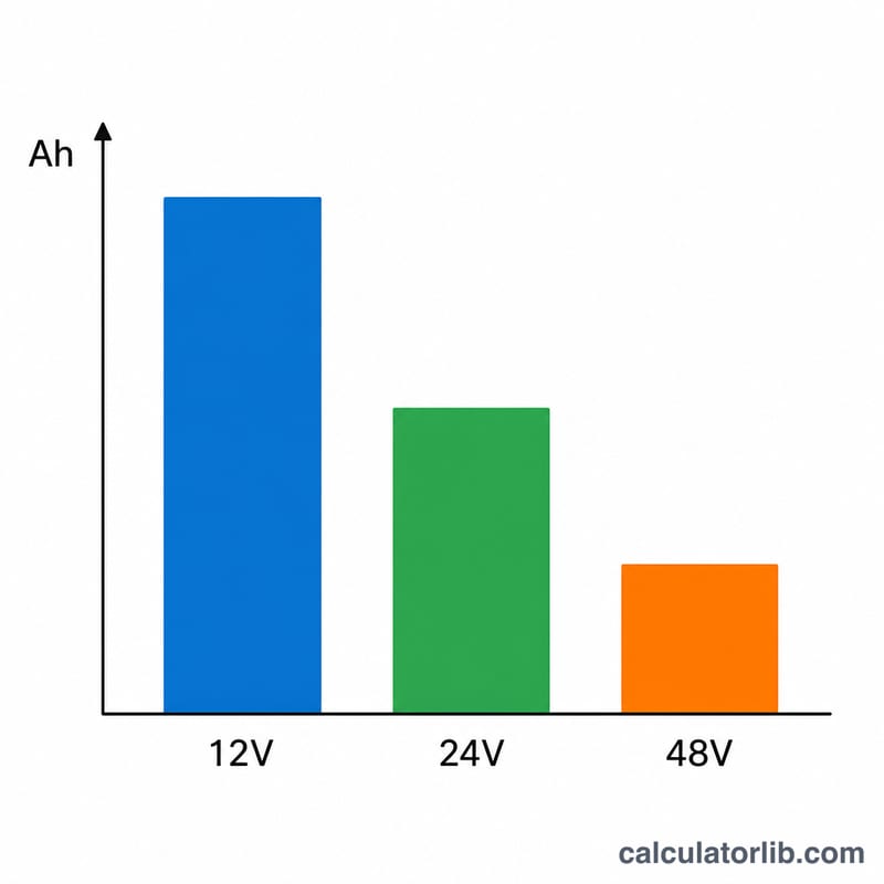 Bar chart comparing required amp-hours at 12V, 24V and 48V for the same energy