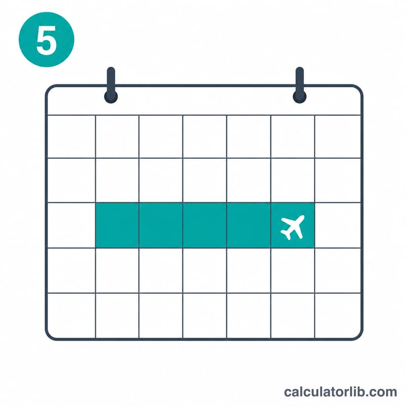 Calendar grid with highlighted block of days ending on a departure day marked by a plane