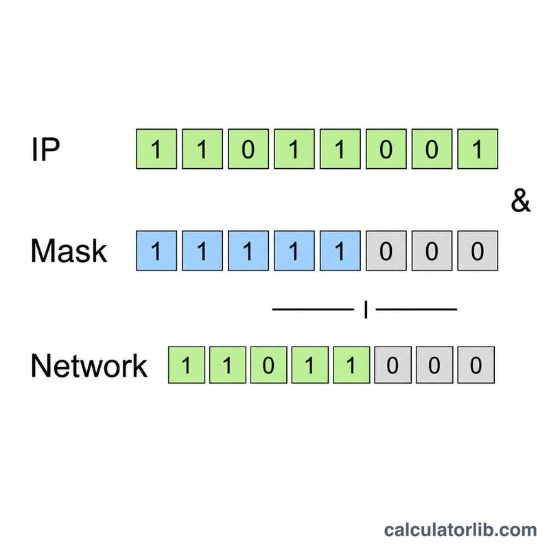 Bitwise calculation showing IP AND mask giving network address and IP OR inverted mask giving broadcast
