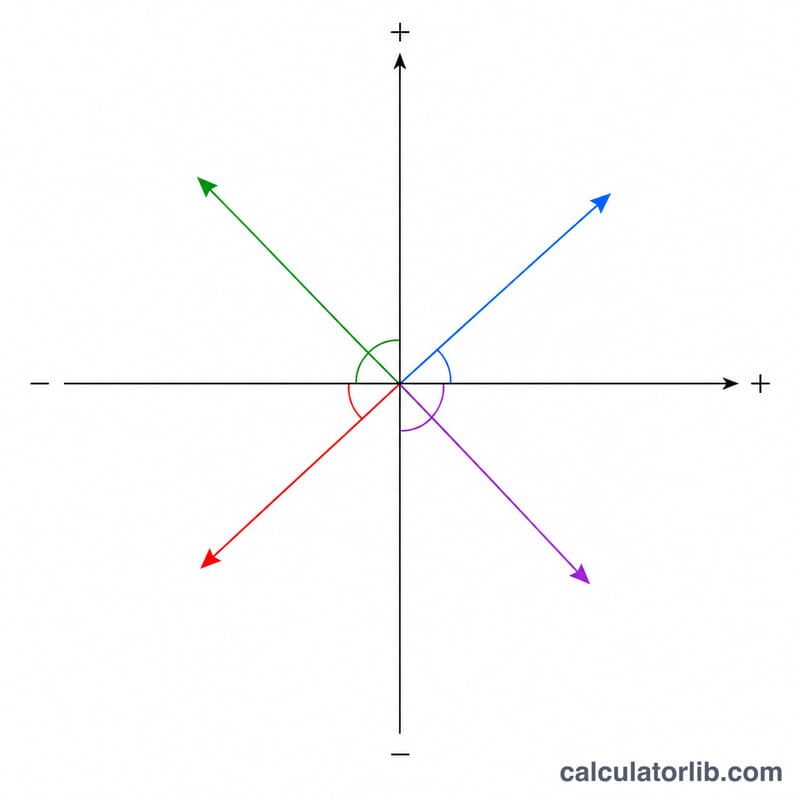 Four-quadrant diagram illustrating how atan2 assigns the correct angle in each quadrant