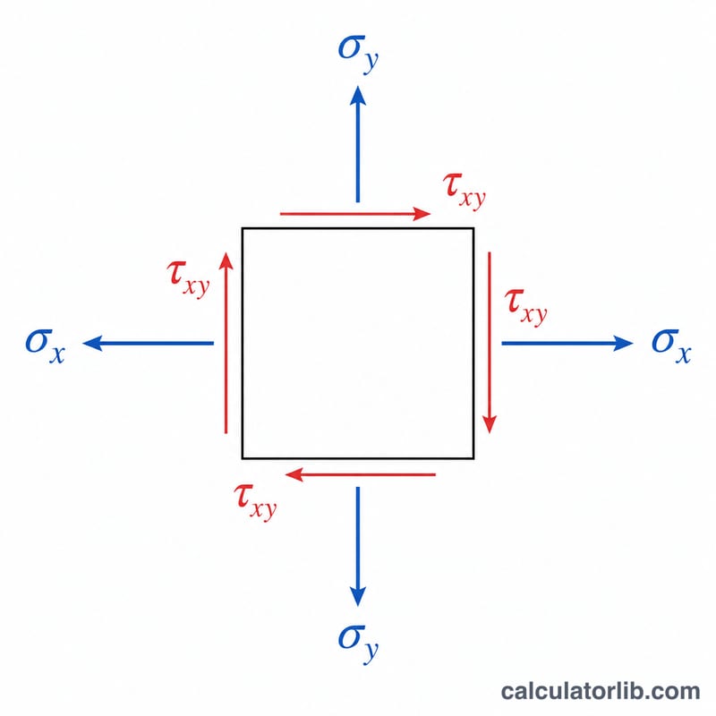 Small material element showing normal stresses sigma x, sigma y and shear stress tau xy on its faces