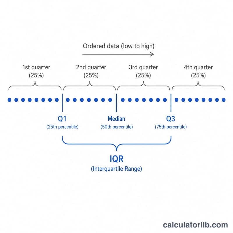 Ordered data split into four quarters by Q1, median, and Q3 with IQR bracket