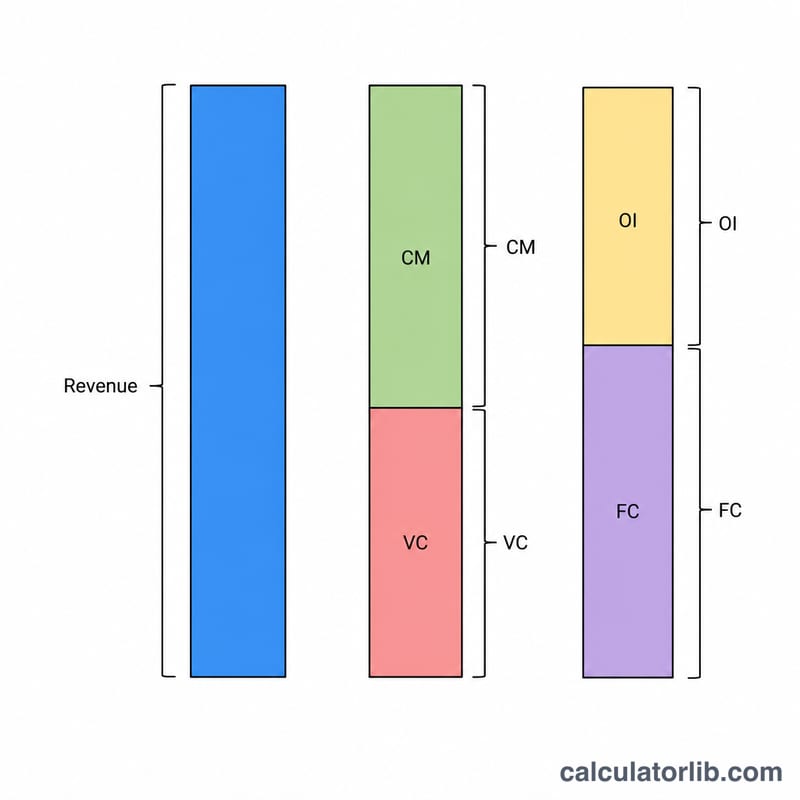 Cost stacking bar showing revenue minus variable cost gives contribution margin, minus fixed cost gives operating income