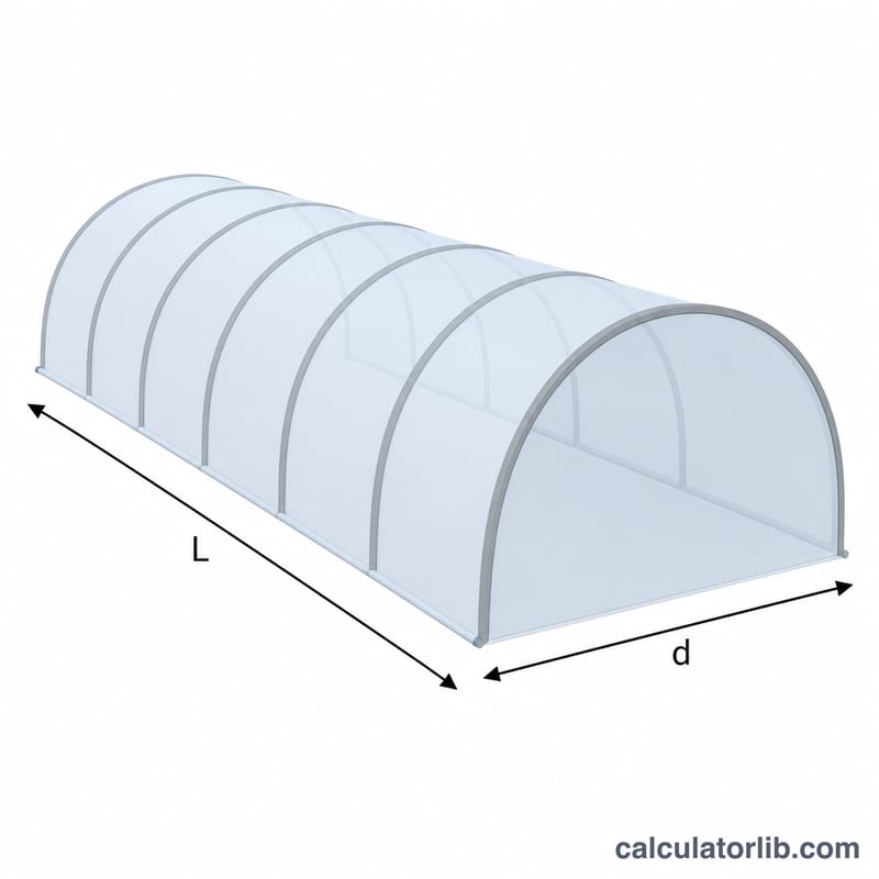 3D view of a hoop house tunnel showing arc width and length dimensions