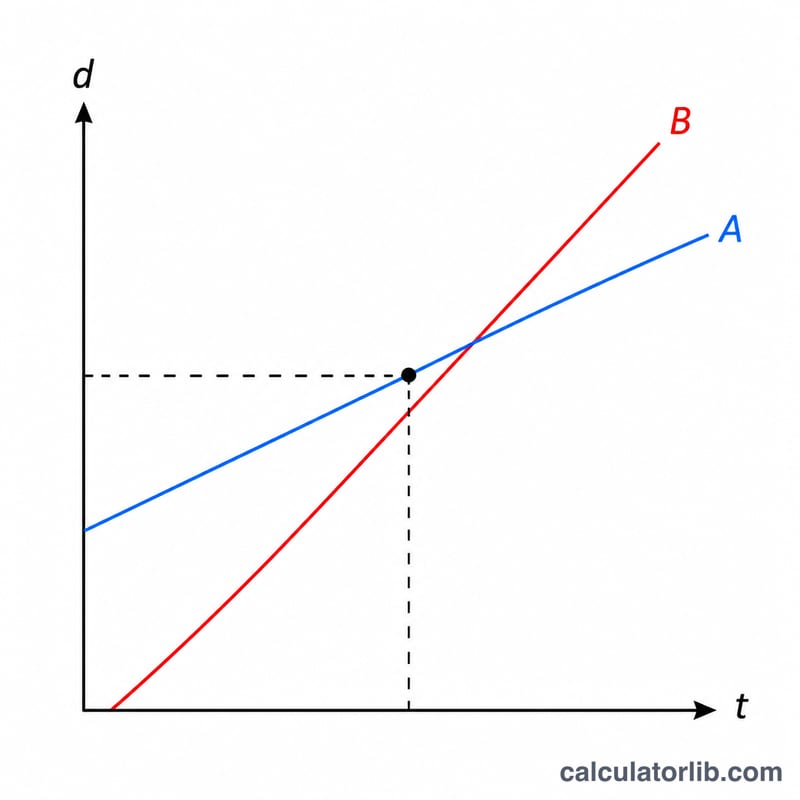 Distance versus time graph showing two lines intersecting at the catch-up point