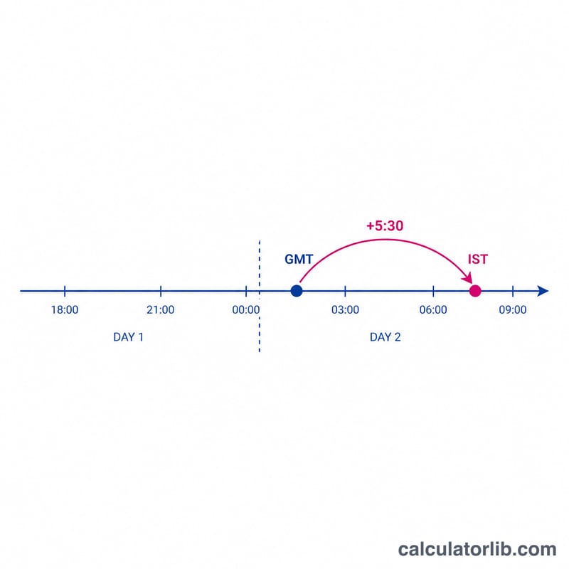 Number line showing day rollover when adding 5:30 to a late GMT time