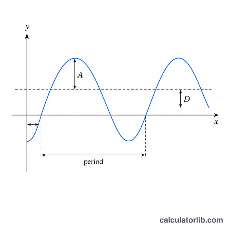 Annotated sine function showing amplitude, period, phase shift and vertical shift