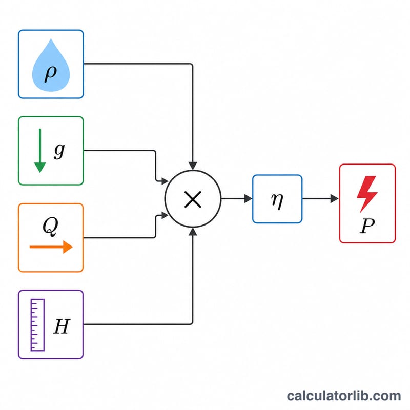 Diagram showing density, gravity, flow rate, head and efficiency combining to produce power output
