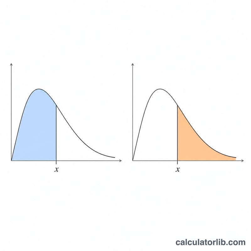 Two Gamma density curves showing the difference between lower-tail probability and upper-tail probability for the same quantile