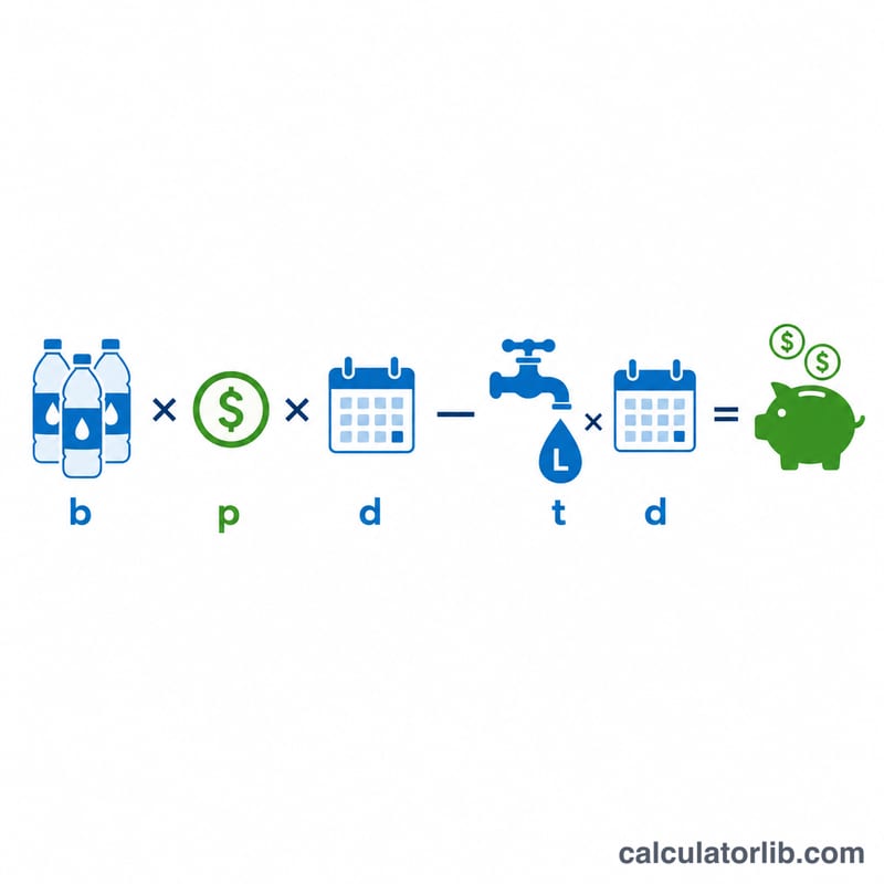 Flat diagram breaking the savings formula into bottled-water cost minus tap-water cost over a number of days
