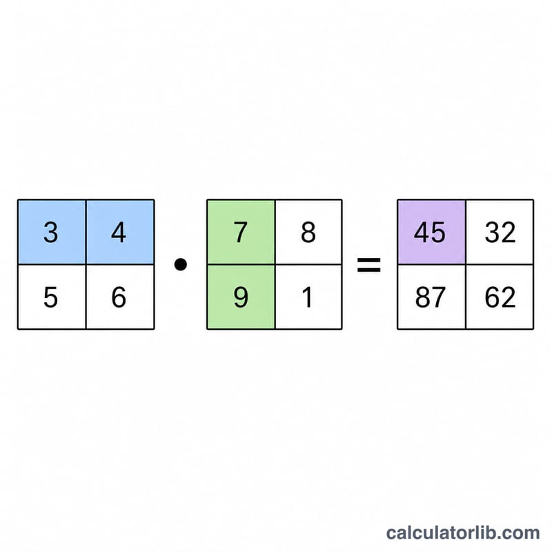 Worked example of two 2x2 matrices multiplied into a product matrix