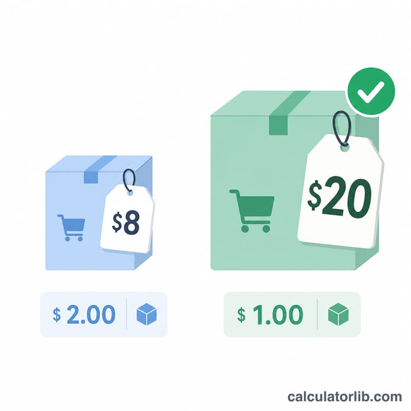 Two product packages compared by their per-unit price, with the better value marked by a checkmark