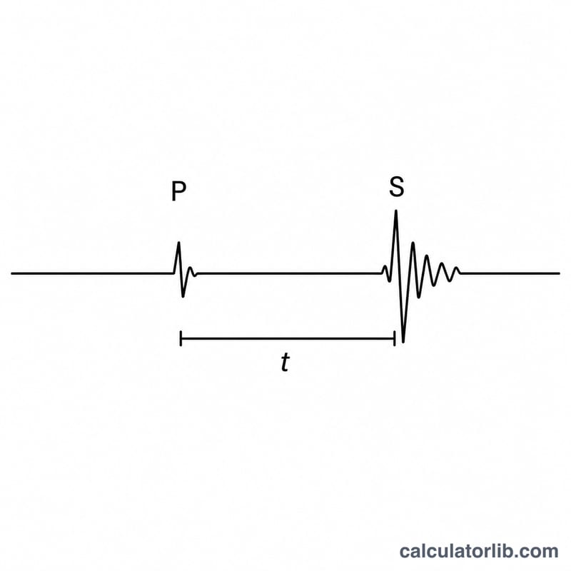 Seismogram showing P-wave arrival then S-wave arrival with the time gap highlighted