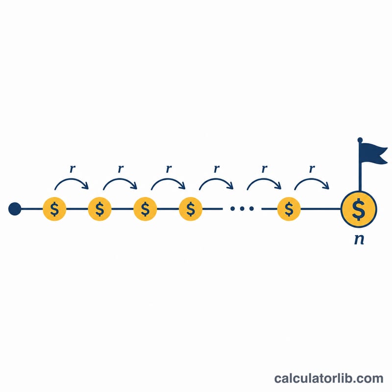 Timeline showing equal monthly contributions accumulating with interest over years to reach the savings target