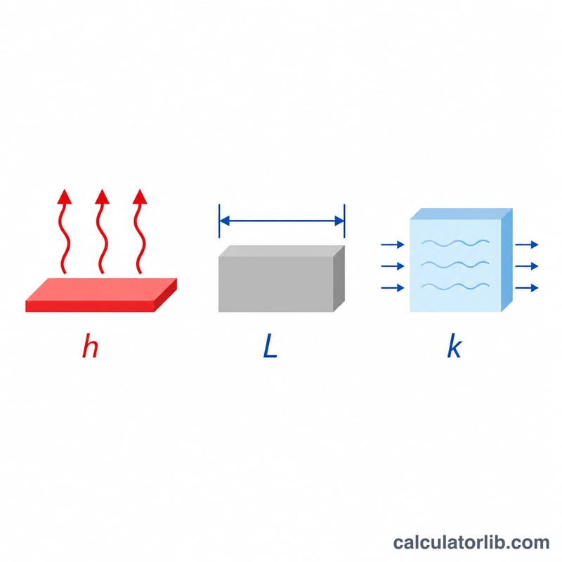 Flat schematic showing the three variables of the Nusselt number formula: heat transfer coefficient, characteristic length, and thermal conductivity