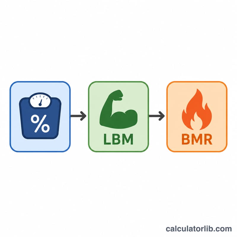 Flat illustration of the BMR formula chain: weight and body fat percent giving lean mass then BMR value