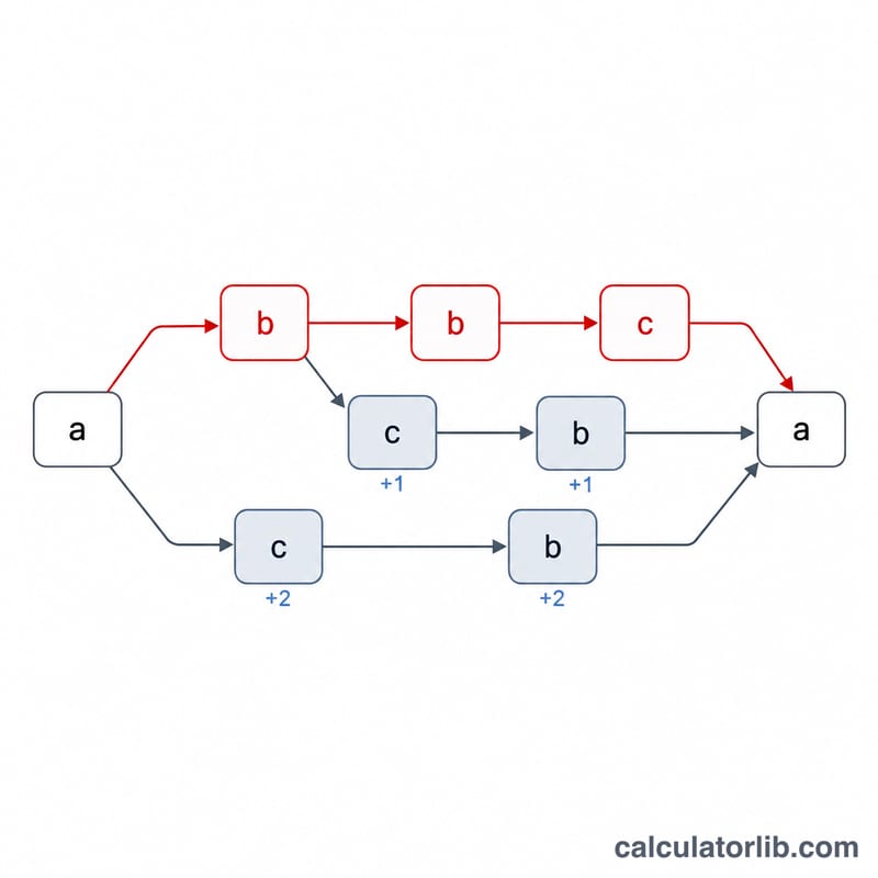 Network diagram of project tasks with the critical path highlighted where slack equals zero