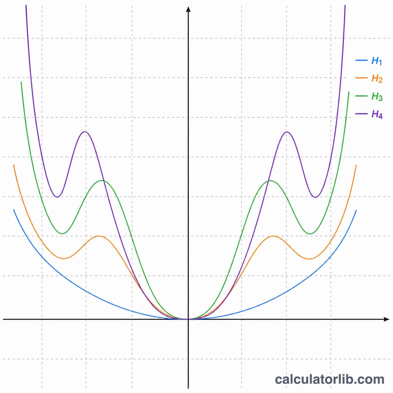 Overlaid graphs of the first few physicists' Hermite polynomials