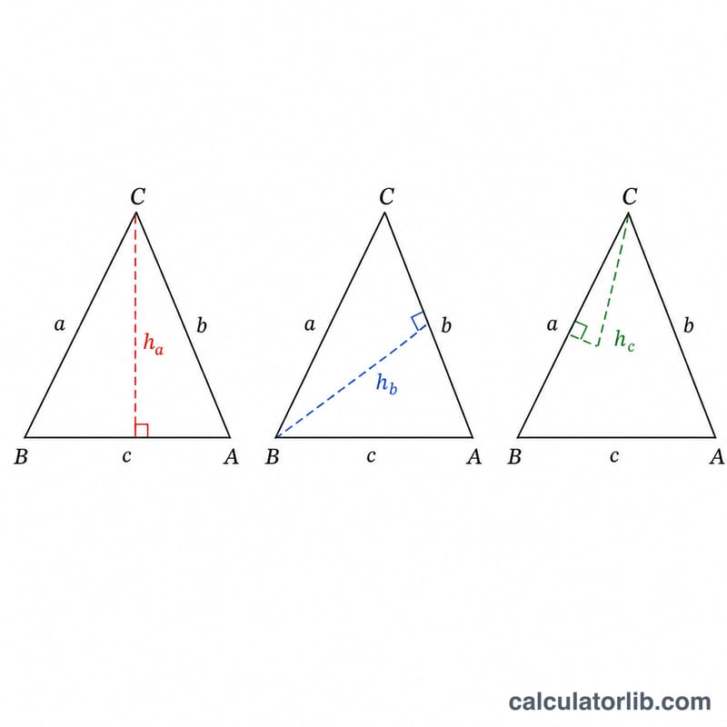 Three copies of a triangle each showing one of the three altitudes h_a, h_b, h_c
