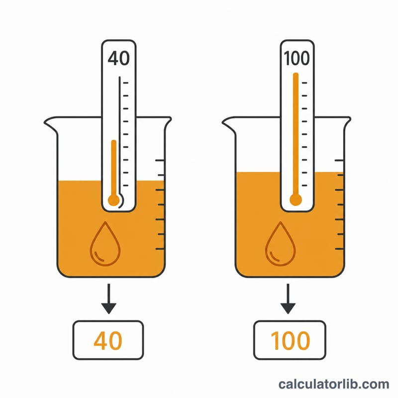 Diagram of an oil sample tested at 40 degrees and 100 degrees giving two kinematic viscosity values
