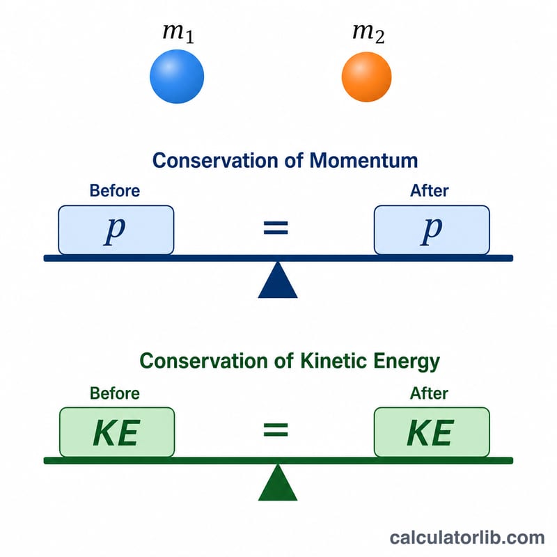 Diagram showing momentum and kinetic energy equal before and after collision