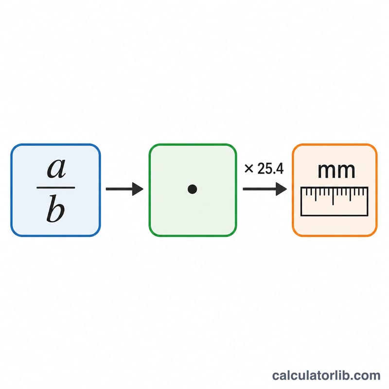 Flow from fraction to decimal inches to millimeters via multiply by 25.4